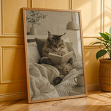 Additional product presentation of Maine Coon Cat Reading in Bed Poster.