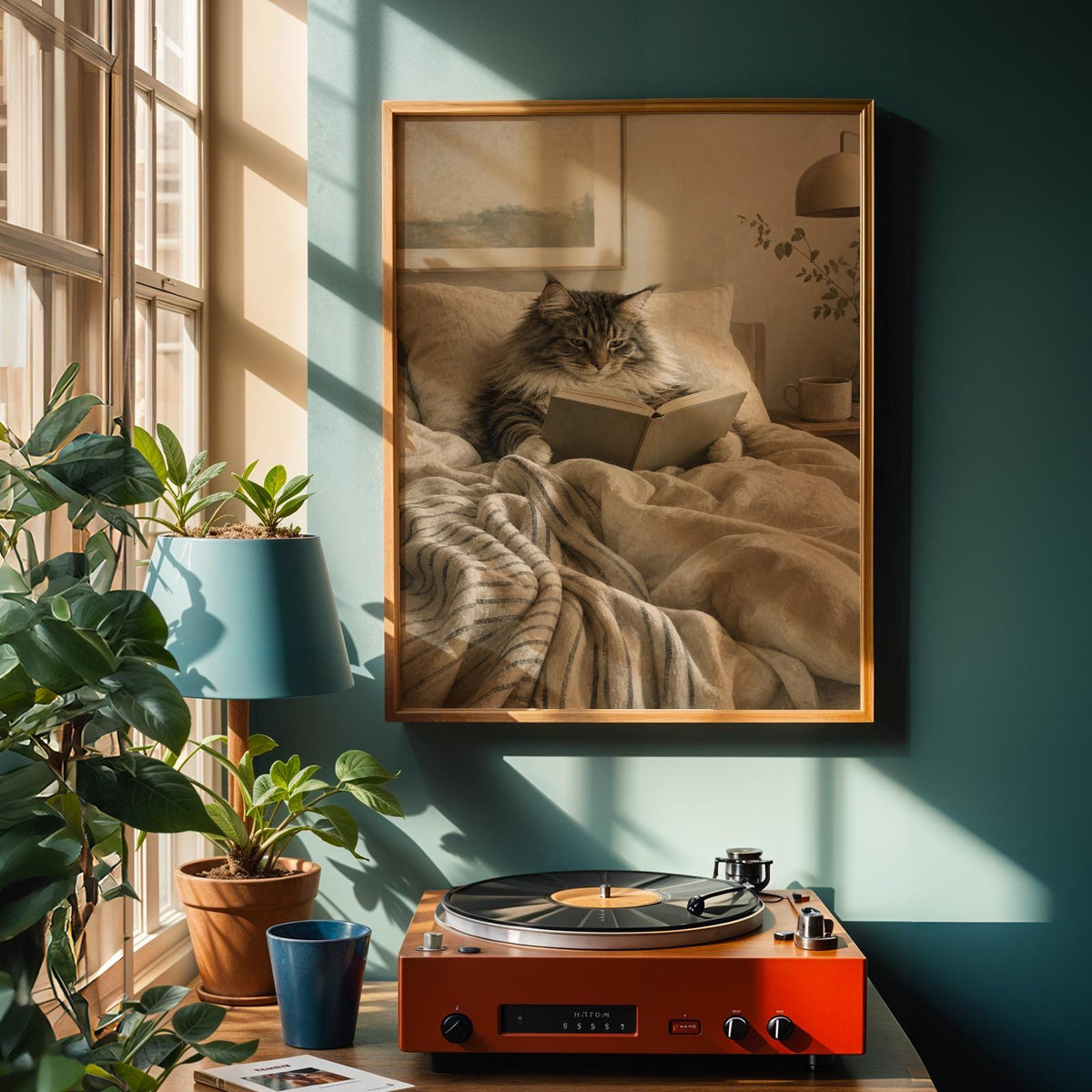 Alternate product view of Norwegian Forest Cat Reading in Bed Poster.
