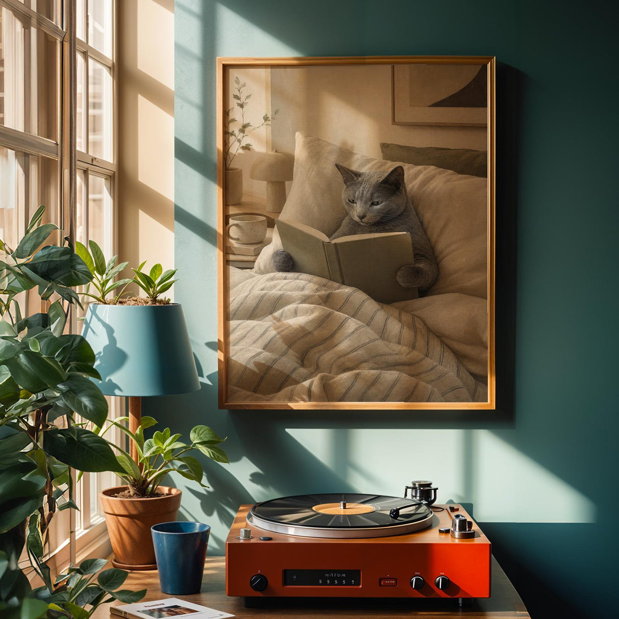 Alternate product view of Russian Blue Cat Reading in Bed Poster.