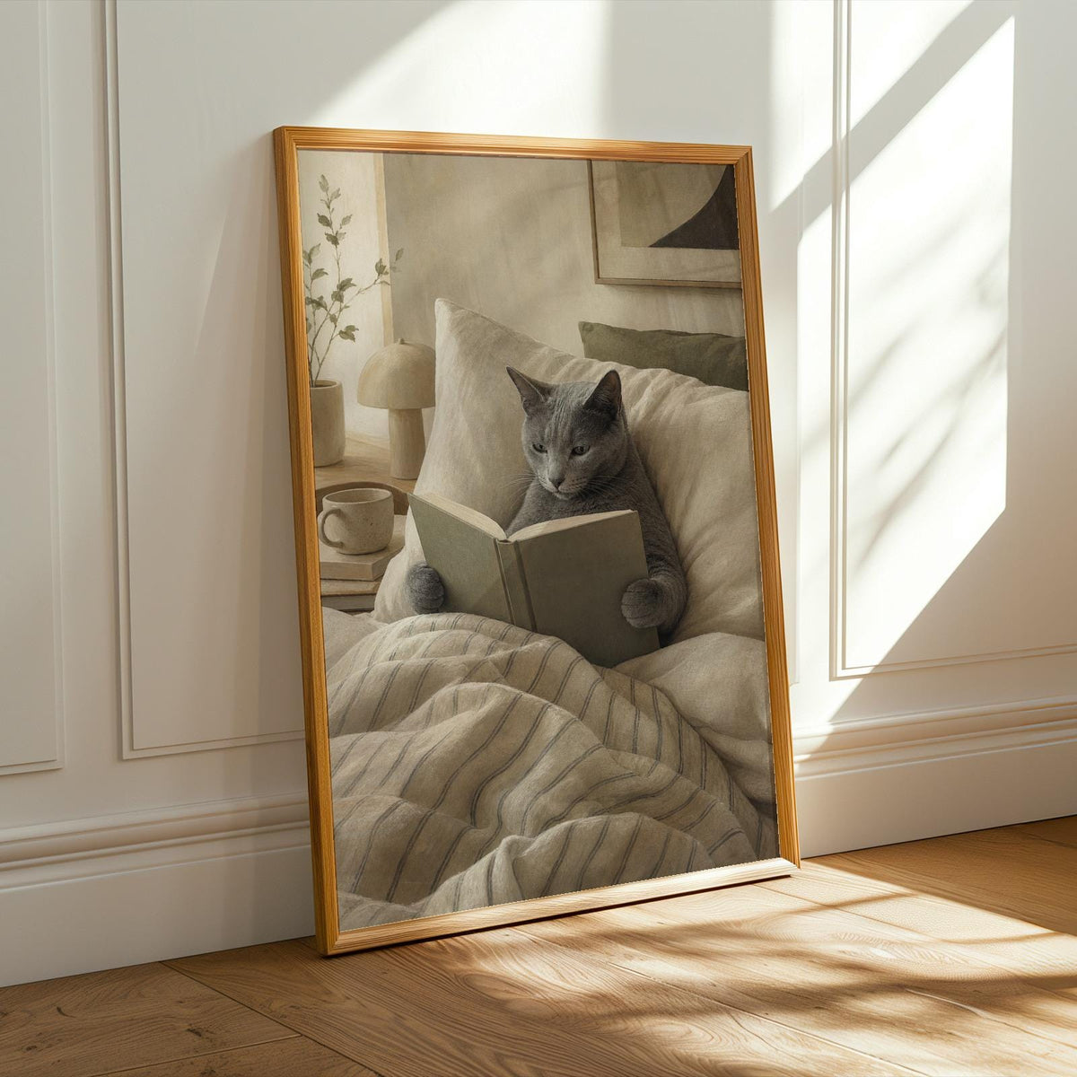 Alternate product presentation of Russian Blue Cat Reading in Bed Poster.