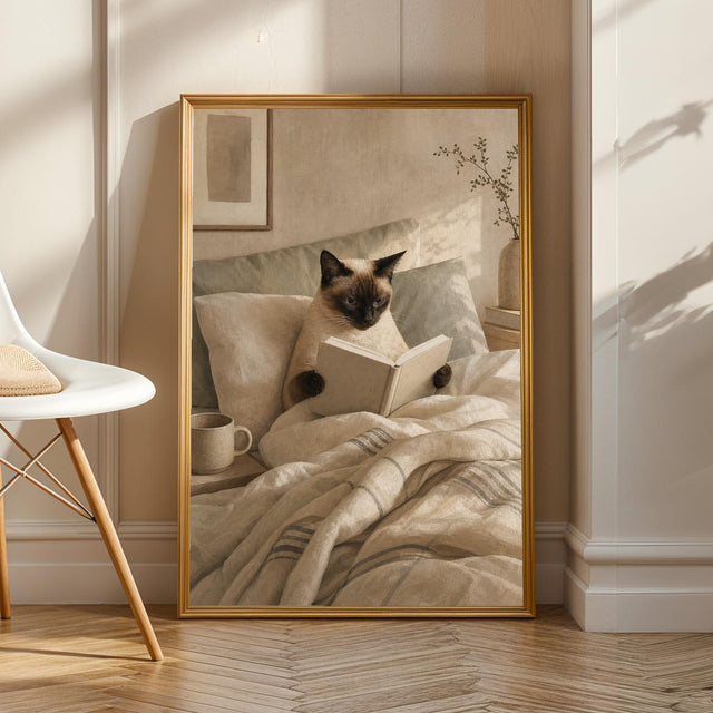 Product view of Siamese Cat Reading in Bed Poster.