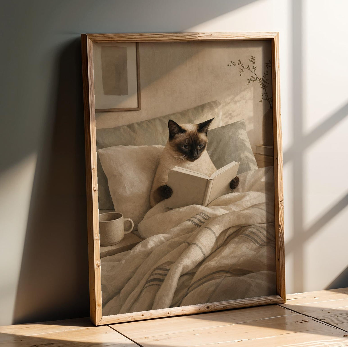 Product presentation view of Siamese Cat Reading in Bed Poster.