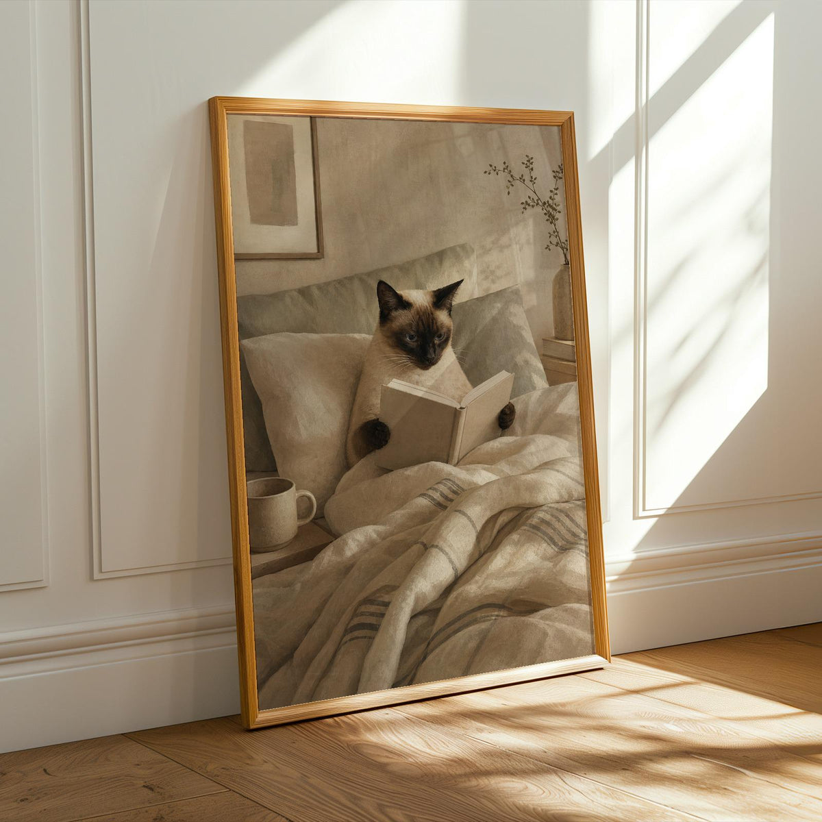 Alternate product presentation of Siamese Cat Reading in Bed Poster.