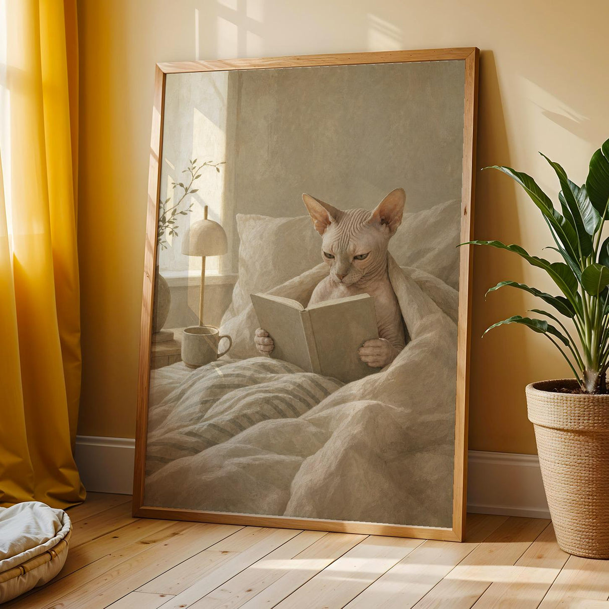 Alternate product view of Sphynx Cat Reading in Bed Poster.