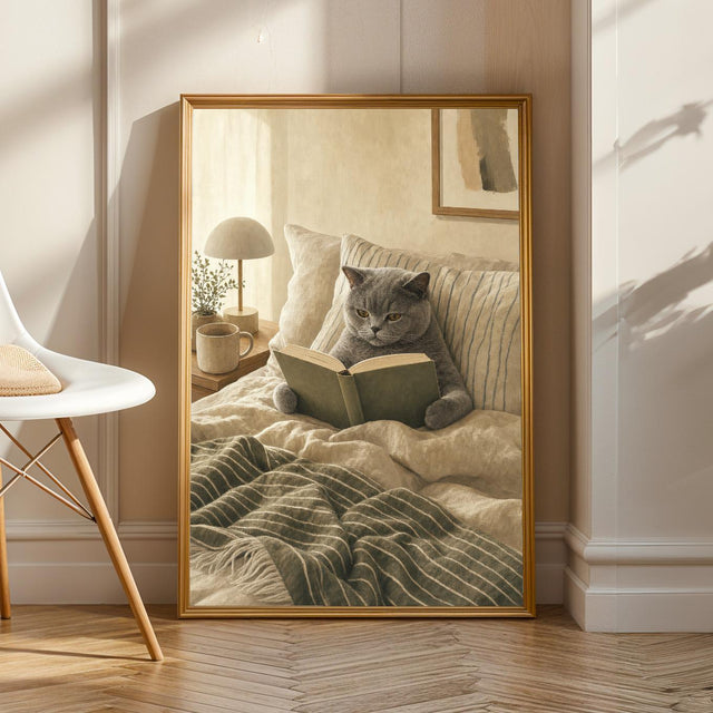 Product view of British Shorthair Cat Reading in Bed Poster.
