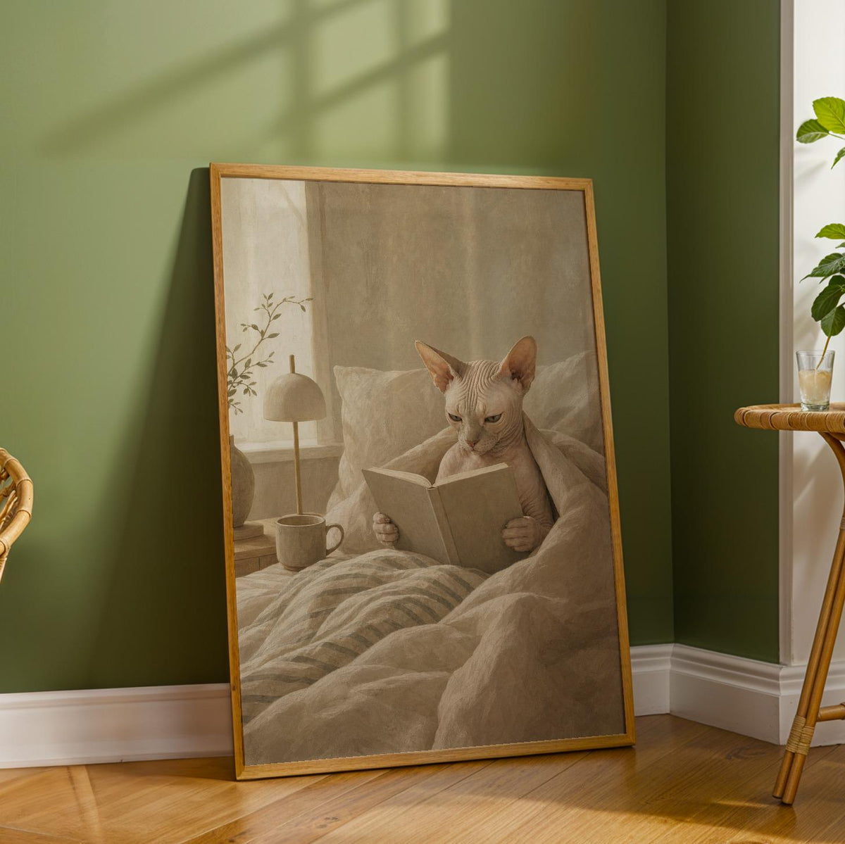 Product detail view of Sphynx Cat Reading in Bed Poster.