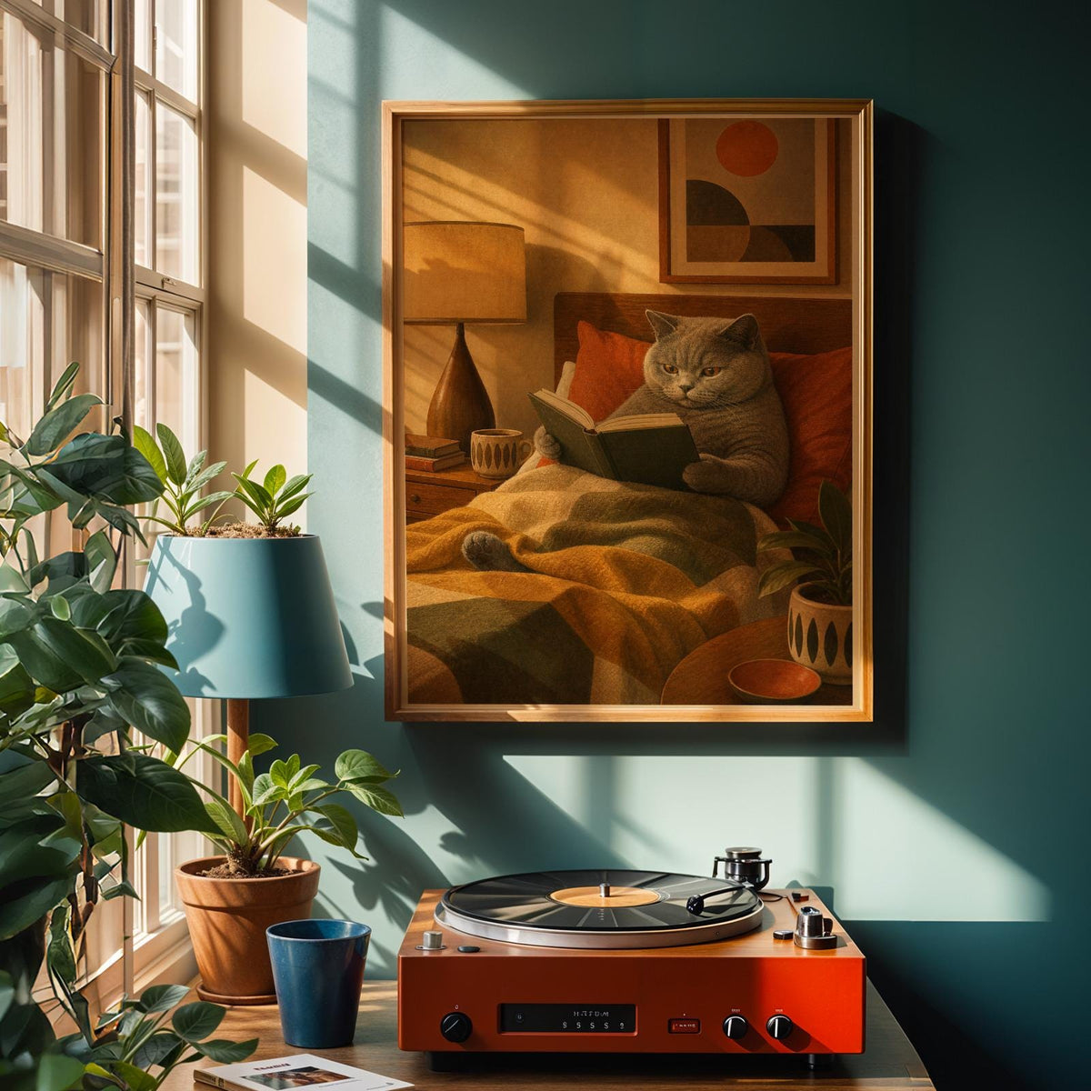 Alternate product view of British Shorthair Reading in Armchair Poster.