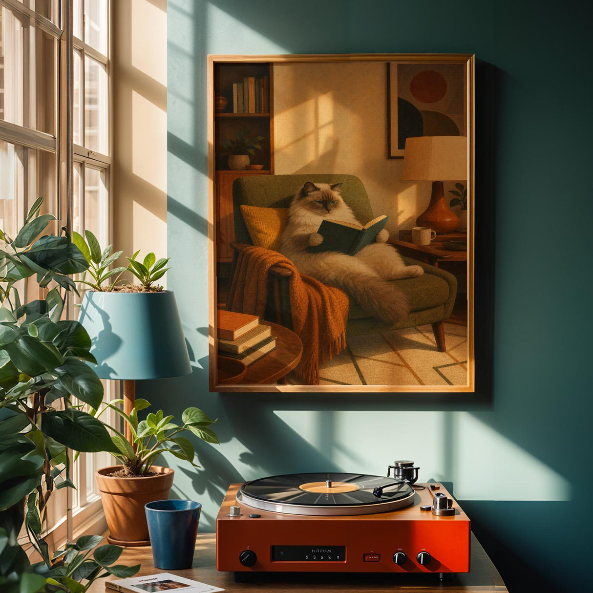 Alternate product view of Ragdoll Cat Reading in Armchair Poster.