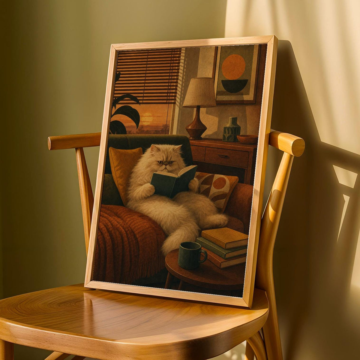 Product detail view of Persian Cat Reading in Armchair Poster.