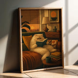 Product presentation view of Persian Cat Reading in Armchair Poster.