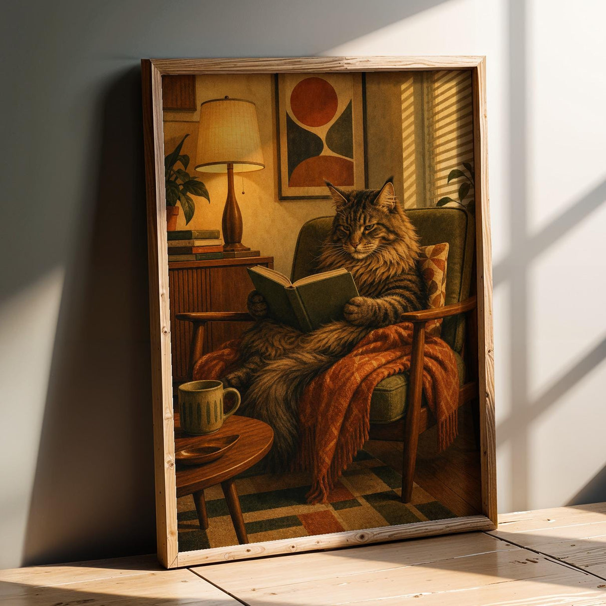 Product presentation view of Maine Coon Reading in Armchair Poster.