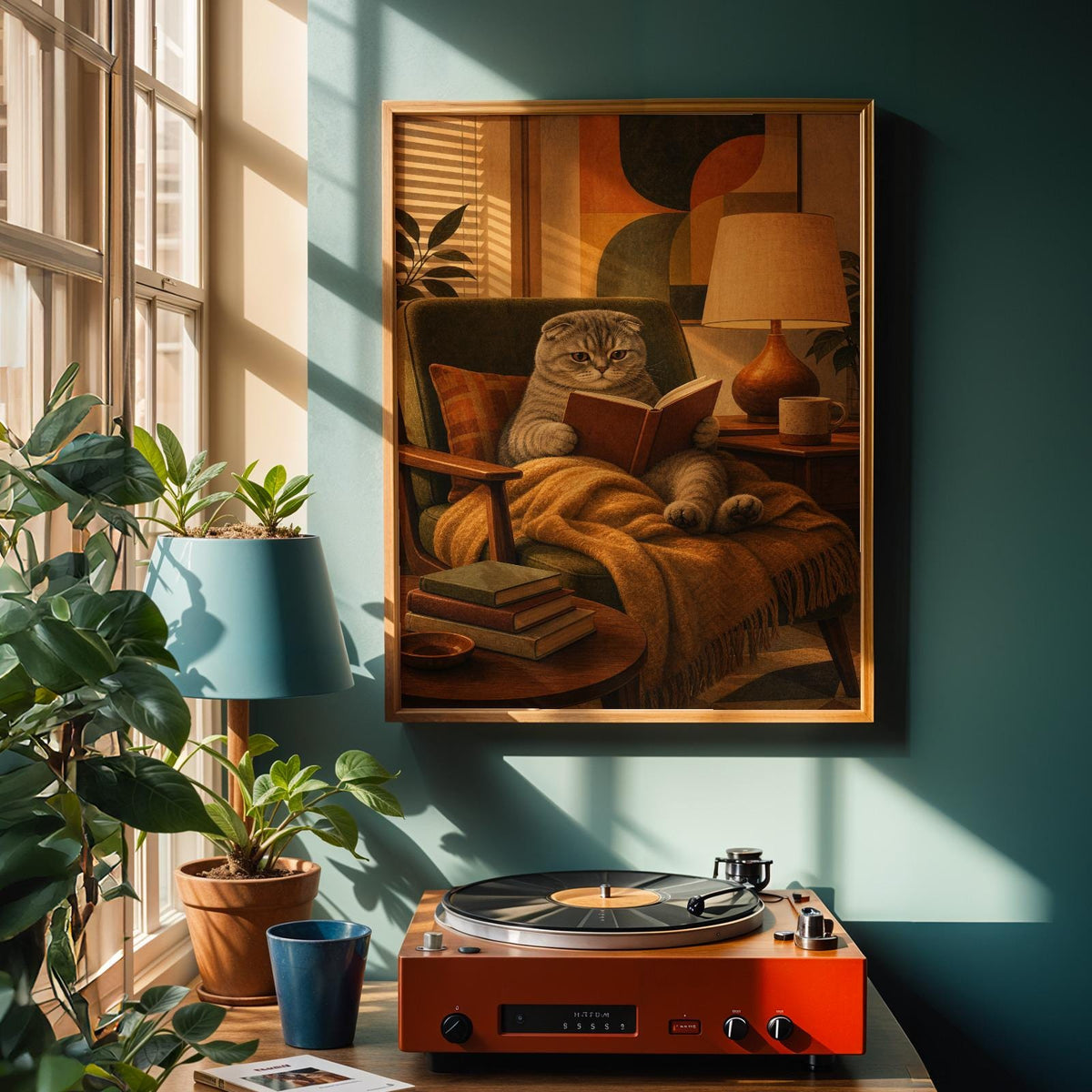 Alternate product view of Scottish Fold Cat Reading in Armchair Poster.