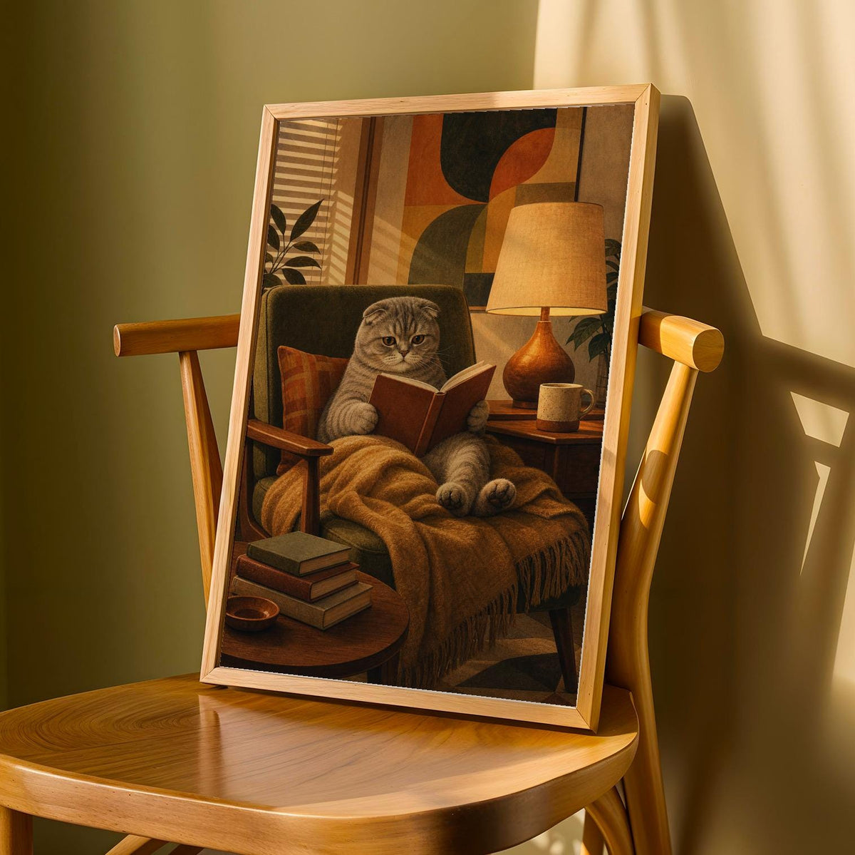 Product detail view of Scottish Fold Cat Reading in Armchair Poster.