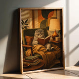 Product presentation view of Scottish Fold Cat Reading in Armchair Poster.