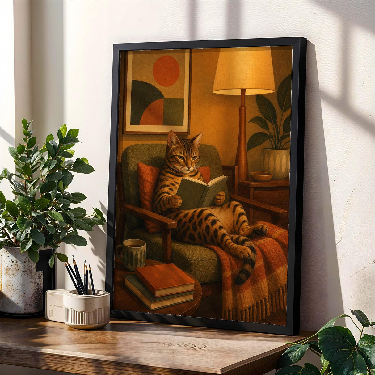 Product gallery view of Bengal Cat Reading in Armchair Poster.