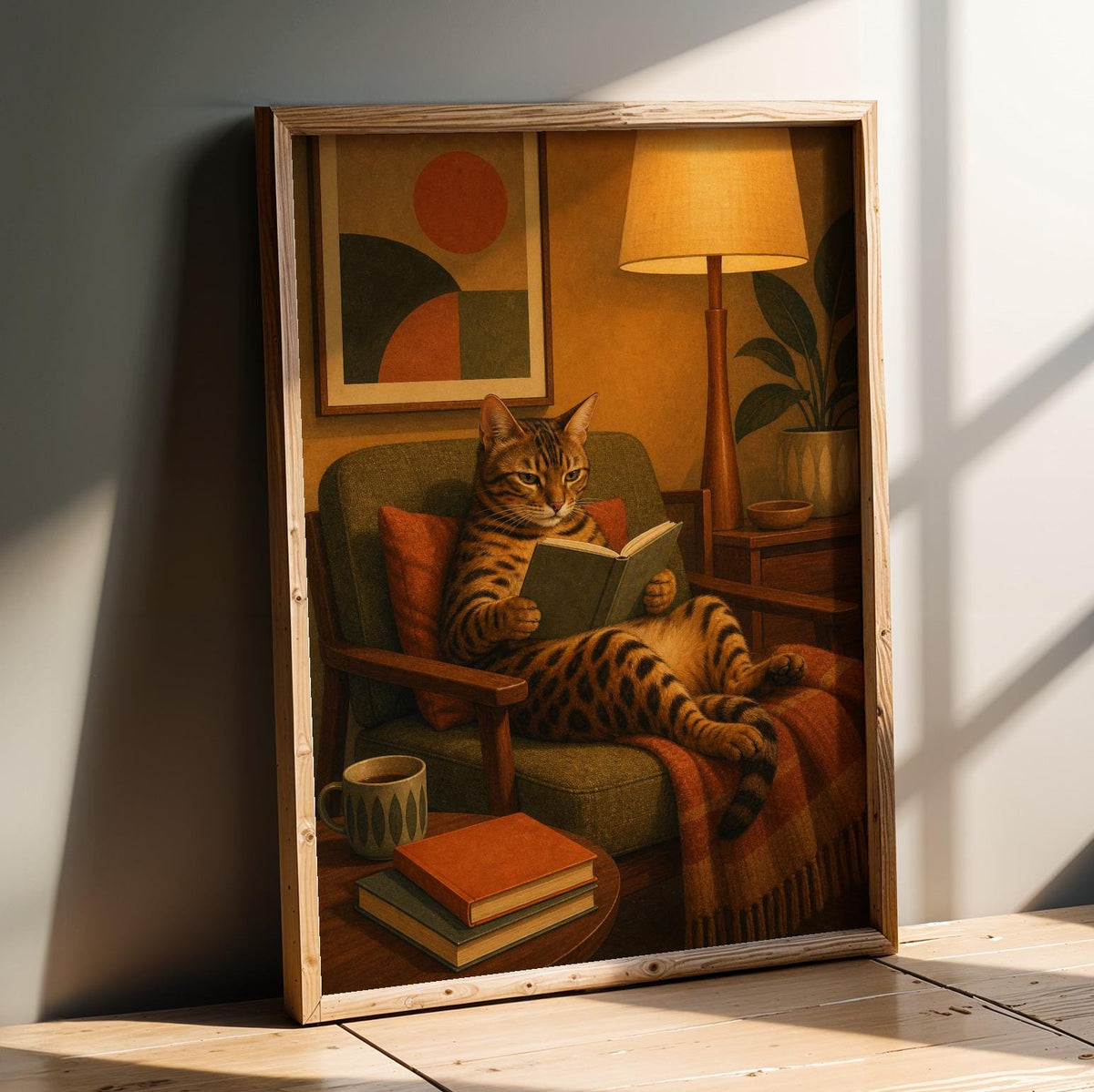 Product presentation view of Bengal Cat Reading in Armchair Poster.