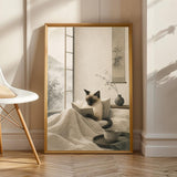 Product view of Siamese Cat Reading in Bed Poster.
