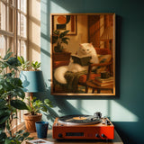 Alternate product view of Turkish Angora Cat Reading in Armchair Poster.