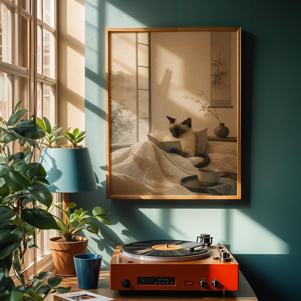 Alternate product view of Siamese Cat Reading in Bed Poster.