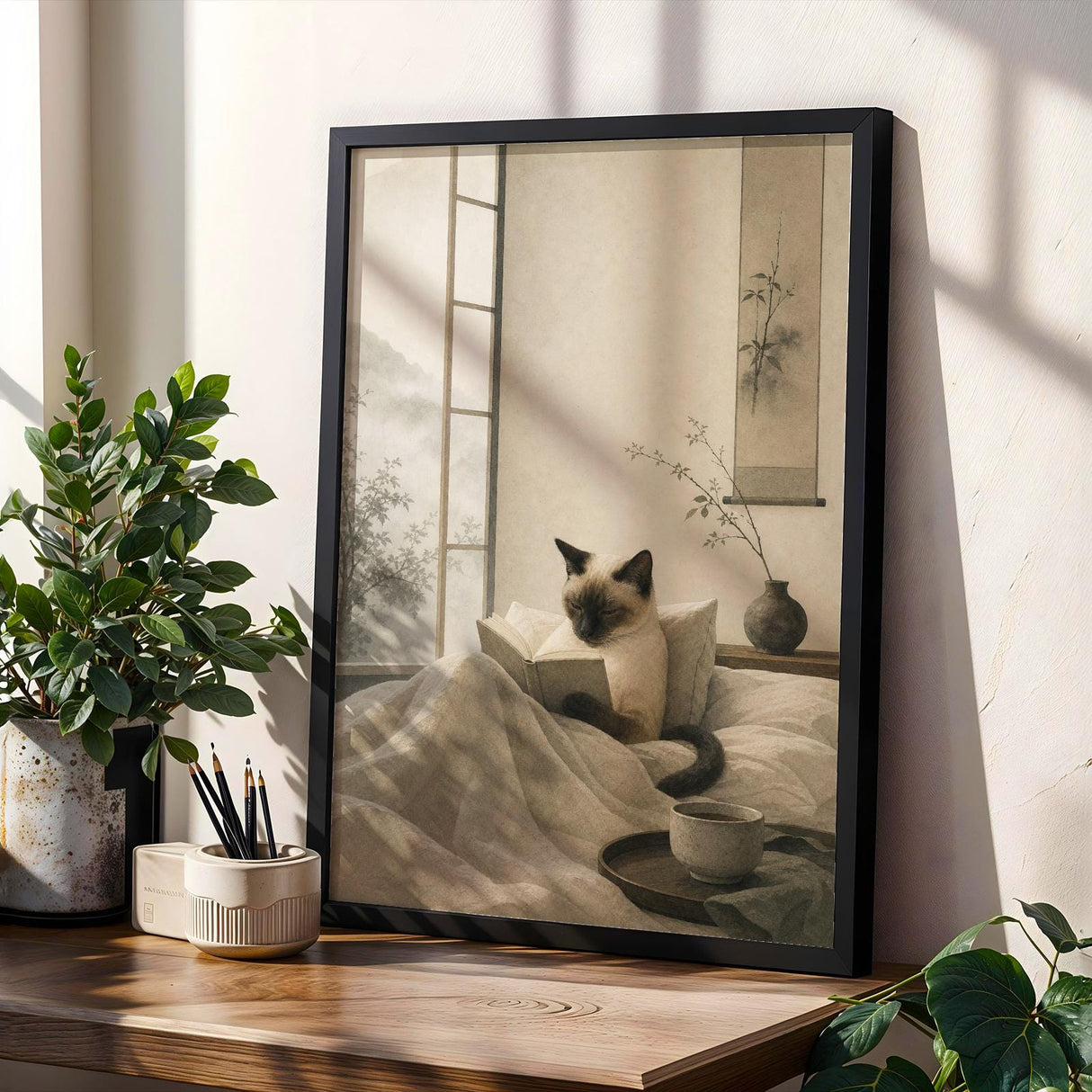 Product gallery view of Siamese Cat Reading in Bed Poster.