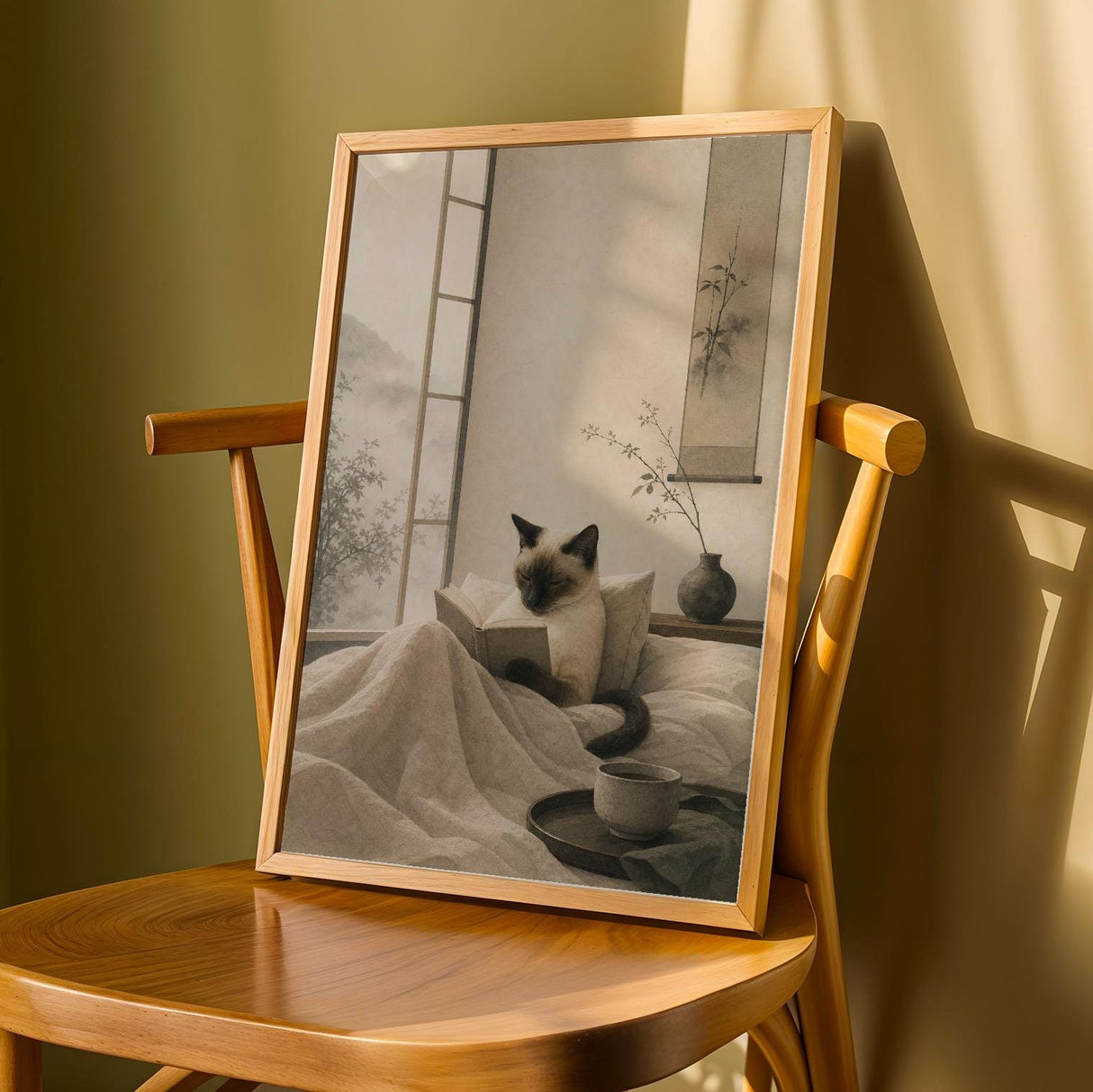 Product detail view of Siamese Cat Reading in Bed Poster.