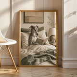 Greyhound Dog Reading In Bed Art Print - Soft Gouache, Warm Beige and Oat Milk