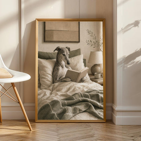 Greyhound Dog Reading In Bed Art Print - Soft Gouache, Warm Beige and Oat Milk