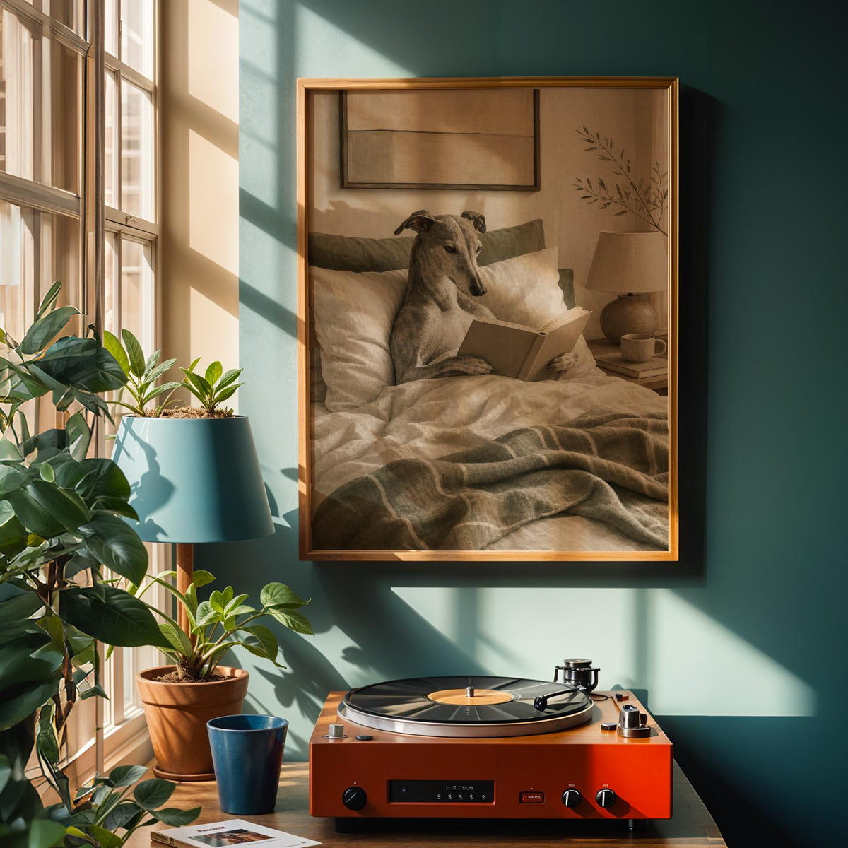 Greyhound Dog Reading In Bed Art Print - Soft Gouache, Warm Beige and Oat Milk.