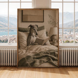 Product gallery view of Greyhound Dog Reading In Bed Art Print Poster.