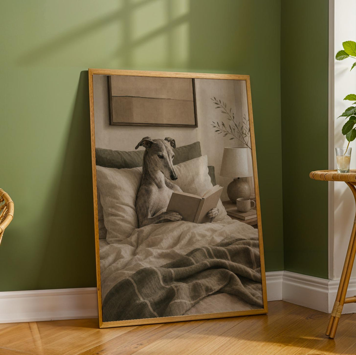 Product detail view of Greyhound Dog Reading In Bed Art Print Poster.