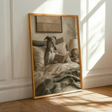 Product presentation view of Greyhound Dog Reading In Bed Art Print Poster.