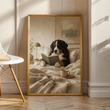 Product view of Bernese Mountain Dog Reading in Bed Poster.