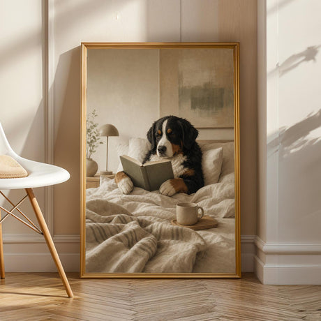 Product view of Bernese Mountain Dog Reading in Bed Poster.