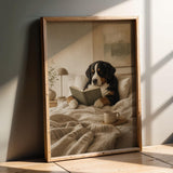 Product presentation view of Bernese Mountain Dog Reading in Bed Poster.