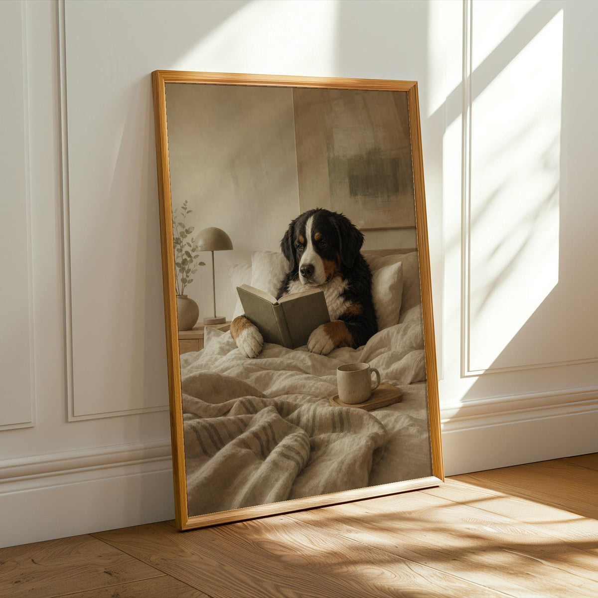 Alternate product presentation of Bernese Mountain Dog Reading in Bed Poster.