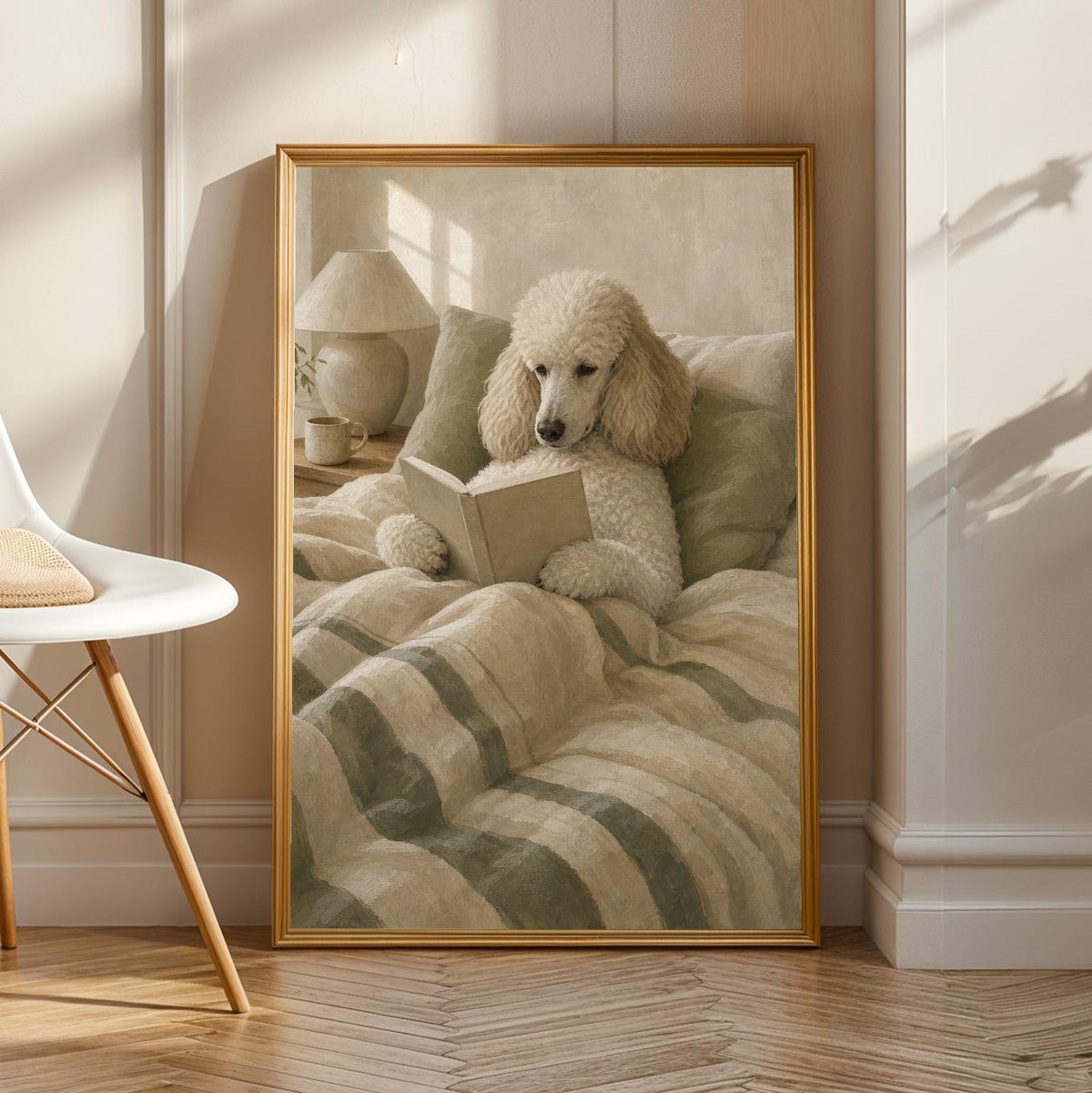 Nordic Standard Poodle Reading Book Art Print – Modern Gouache, Warm Beige and Dusty Sage