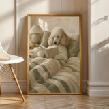 Nordic Standard Poodle Reading Book Art Print – Modern Gouache, Warm Beige and Dusty Sage