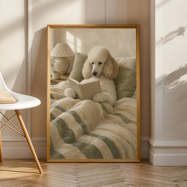 Nordic Standard Poodle Reading Book Art Print – Modern Gouache, Warm Beige and Dusty Sage