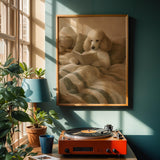 Nordic Standard Poodle Reading Book Art Print – Modern Gouache, Warm Beige and Dusty Sage.