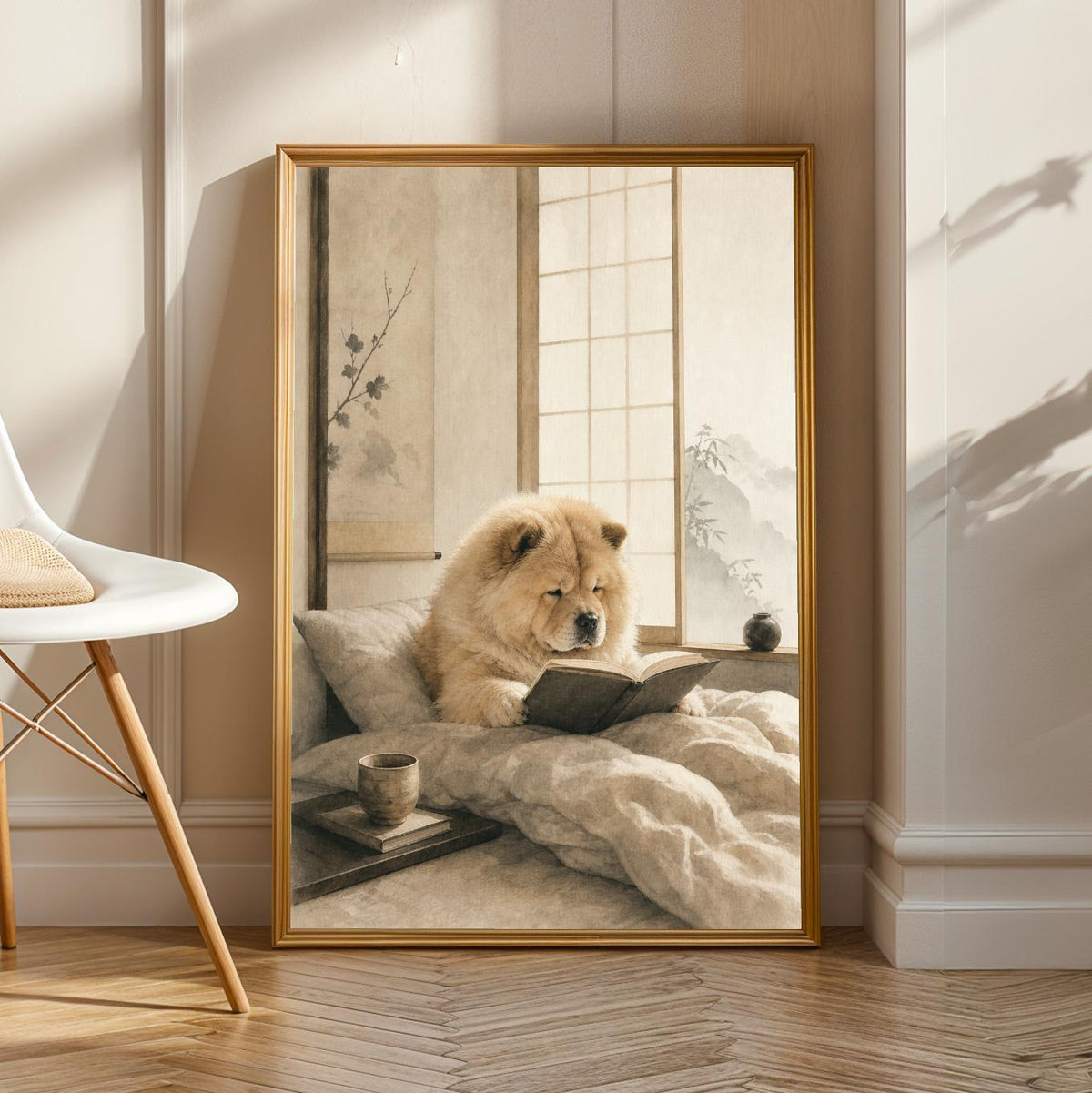 Product view of Chow Chow Reading in Bed Poster.