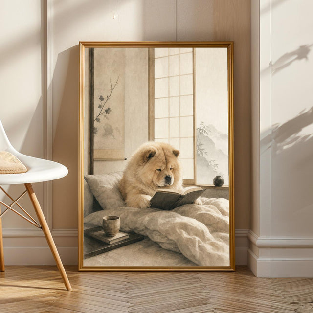 Product view of Chow Chow Reading in Bed Poster.