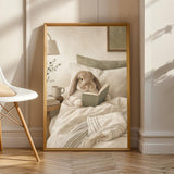 Product view of Holland Lop Rabbit Reading in Bed Poster.