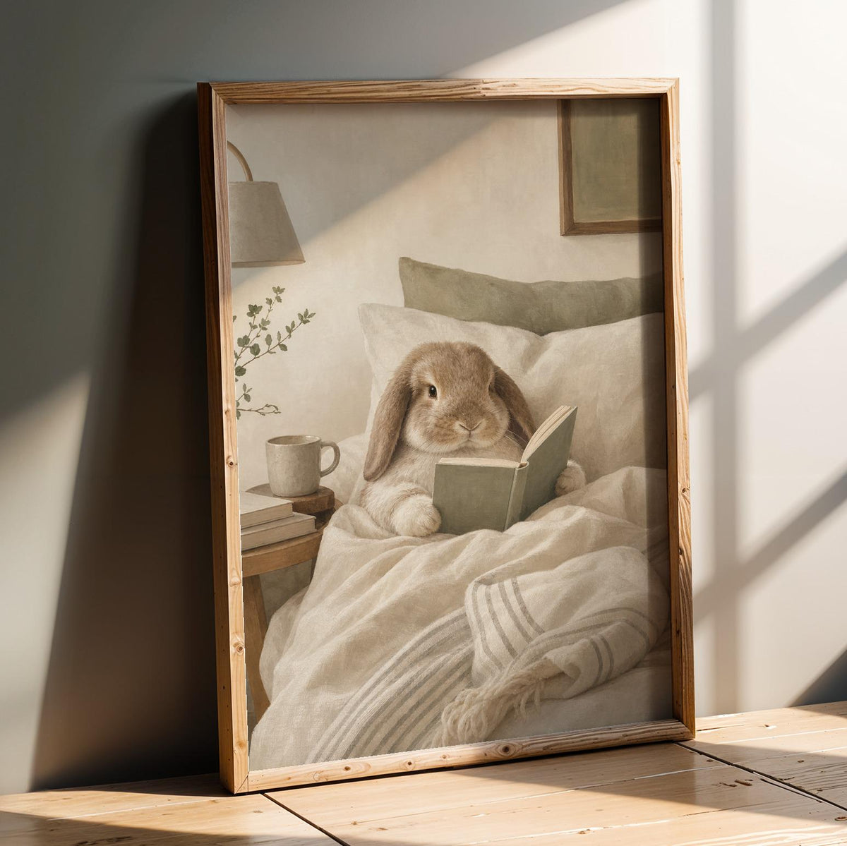 Product presentation view of Holland Lop Rabbit Reading in Bed Poster.