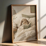 Product presentation view of Holland Lop Rabbit Reading in Bed Poster.