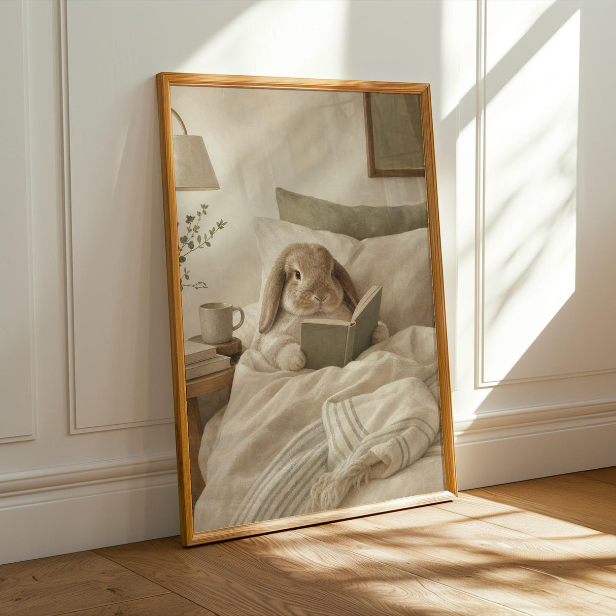 Alternate product presentation of Holland Lop Rabbit Reading in Bed Poster.