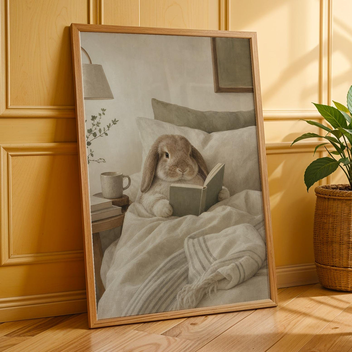 Additional product presentation of Holland Lop Rabbit Reading in Bed Poster.