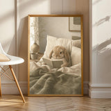 Product view of Mini Lop Rabbit Reading in Bed Poster.