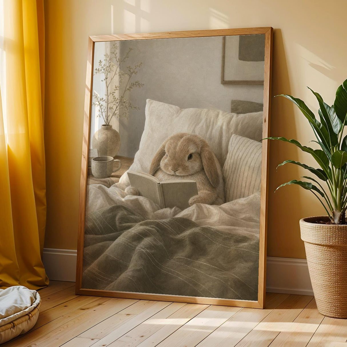 Additional product view of Mini Lop Rabbit Reading in Bed Poster.