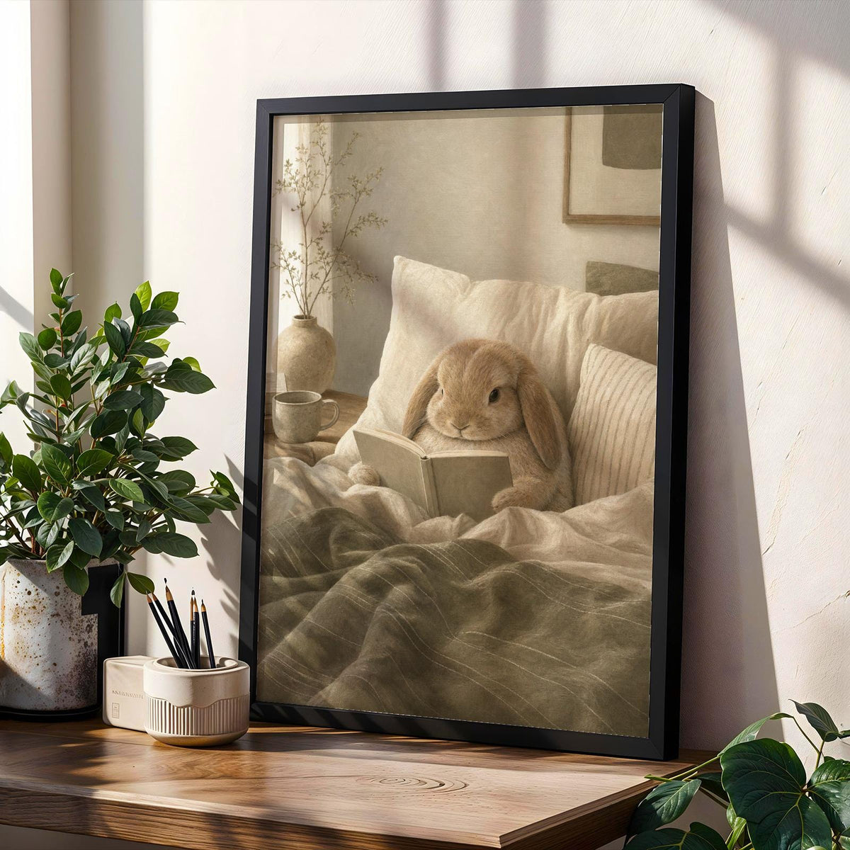 Product gallery view of Mini Lop Rabbit Reading in Bed Poster.