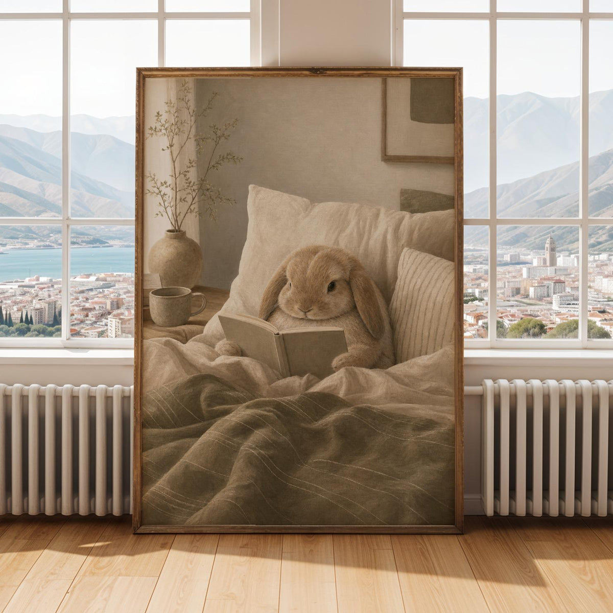 Alternate gallery view of Mini Lop Rabbit Reading in Bed Poster.